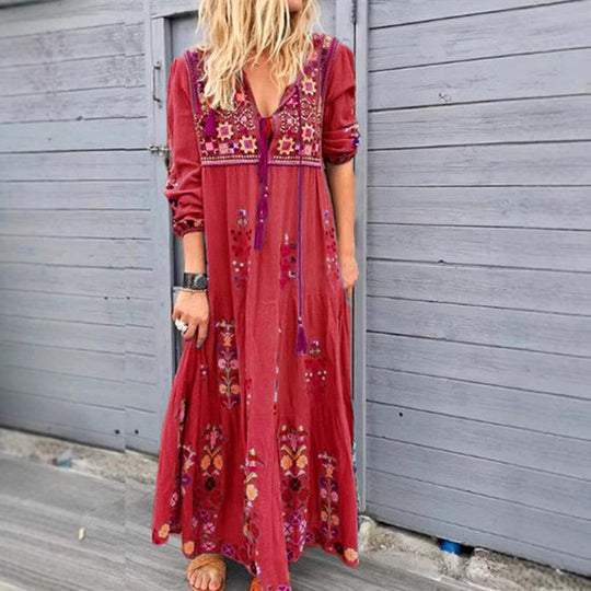 Damen nan besticktes Maxikleid mit langen Ärmeln, Quastenverschluss und folkloristischer Stickerei EB