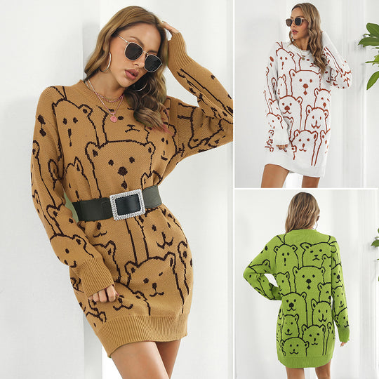 Damen Strickkleid mit Bärenmotiv und Schnitt