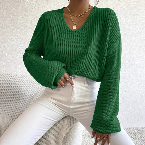 Damen Strukturierter Pullover mit V-Ausschnitt und weiten Ärmeln EB