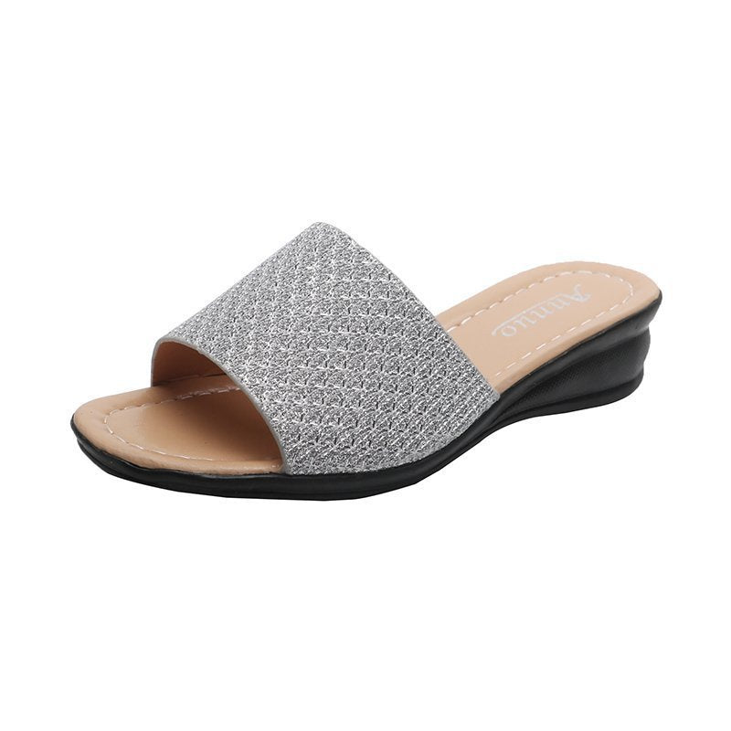 Damen nan Glitzerslipper mit breiter Riemenfront, offenem Zehenbereich, gepolstertem Komfortfußbett und leichtem Keilabsatz EB
