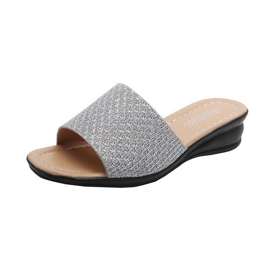 Damen nan Glitzerslipper mit breiter Riemenfront, offenem Zehenbereich, gepolstertem Komfortfußbett und leichtem Keilabsatz EB