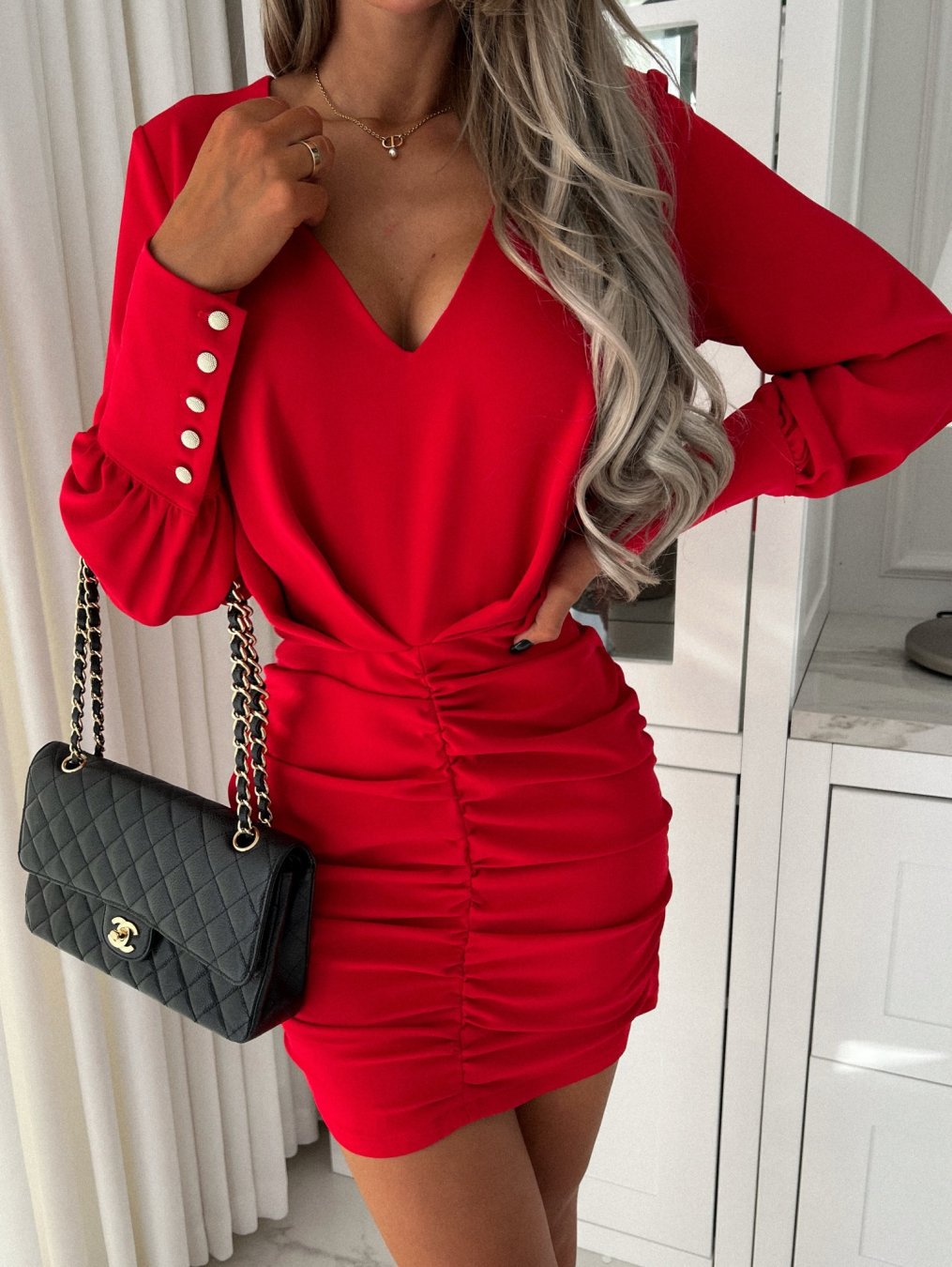 Damen Elegantes V-Ausschnitt Raffung Mini Kleid EB