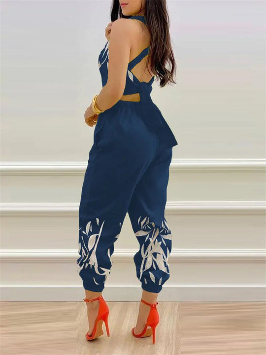 Damen eleganter Jumpsuit mit detailverliebtem Blättermotiv EB