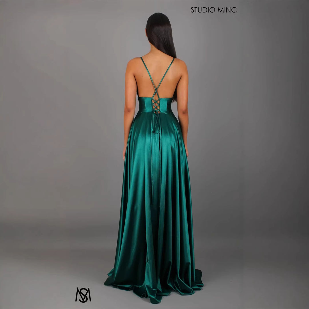 Damen Elegantes Maxikleid mit tiefem V-Ausschnitt und modischem Schlitz EB