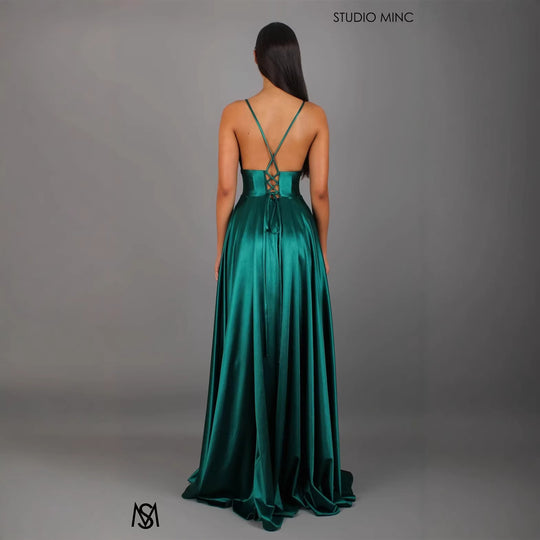 Damen Elegantes Maxikleid mit tiefem V-Ausschnitt und modischem Schlitz EB
