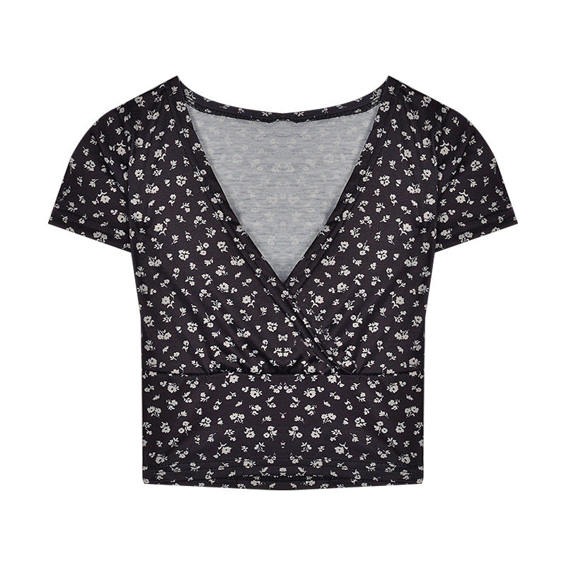 Damen Crop-Top mit floralem Muster und elegantem V-Ausschnitt EB