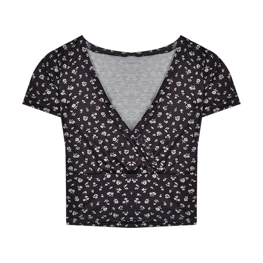 Damen Crop-Top mit floralem Muster und elegantem V-Ausschnitt EB