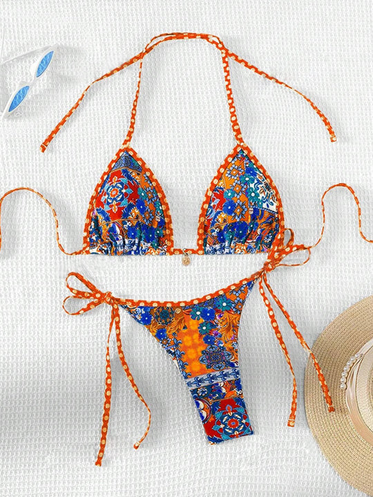 Damen Triangel-Bikini mit floralem Design und verstellbaren Bändern EB