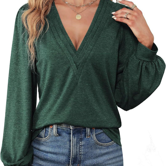 Damen Elegantes Blusenshirt mit V-Ausschnitt und puffförmigen Ärmeln EB