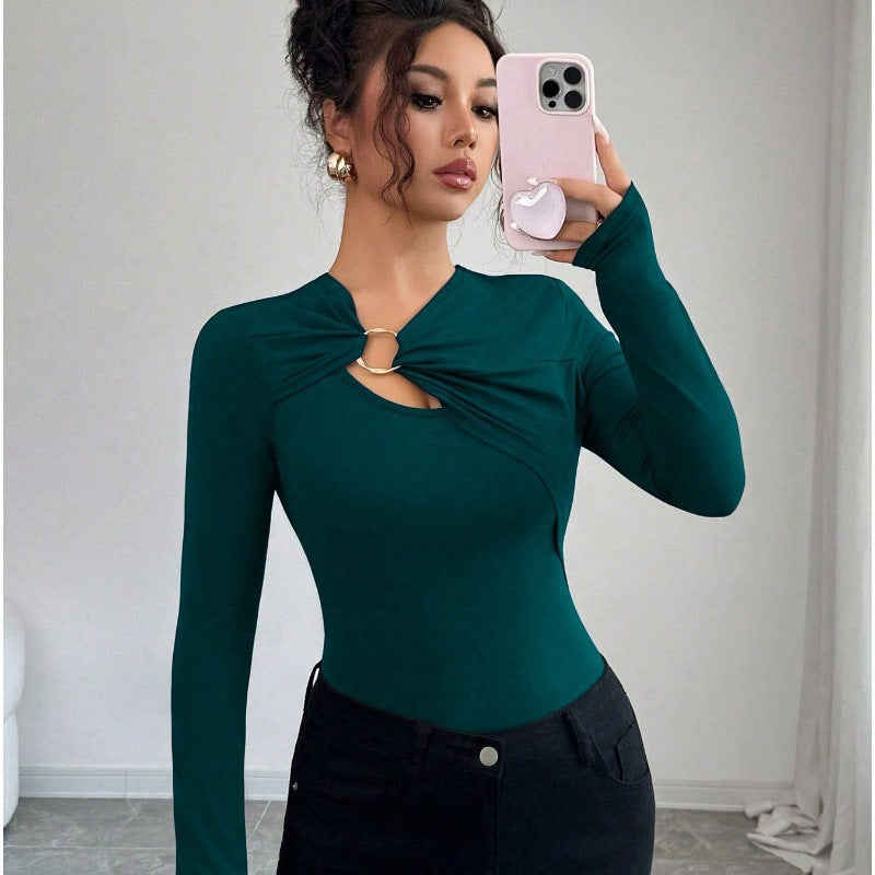 Damen Bodysuit mit dekorativem Ring-Detail und langem Arm EB