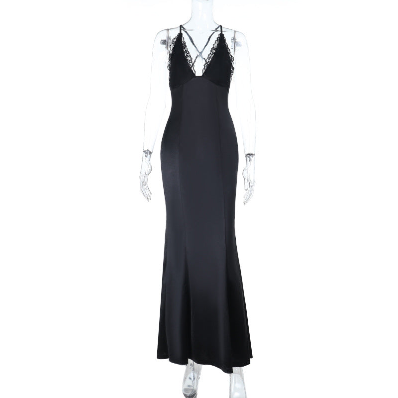 Damen elegantes langes Kleid mit verführerischem Spitzendetail und tiefem Ausschnitt EB
