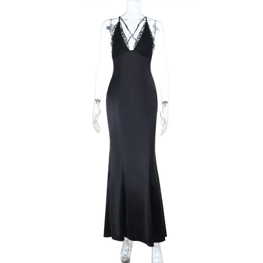 Damen elegantes langes Kleid mit verführerischem Spitzendetail und tiefem Ausschnitt EB