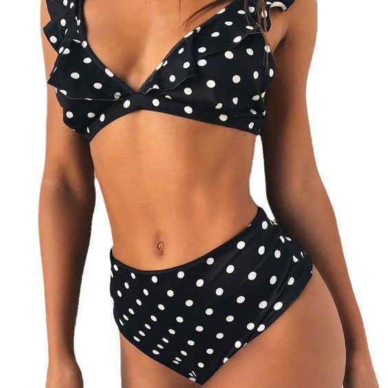 Damen Hoch tailliertes Bikini-Set mit verspielten Rüschen und Pünktchen EB