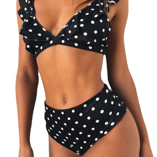Damen Hoch tailliertes Bikini-Set mit verspielten Rüschen und Pünktchen EB