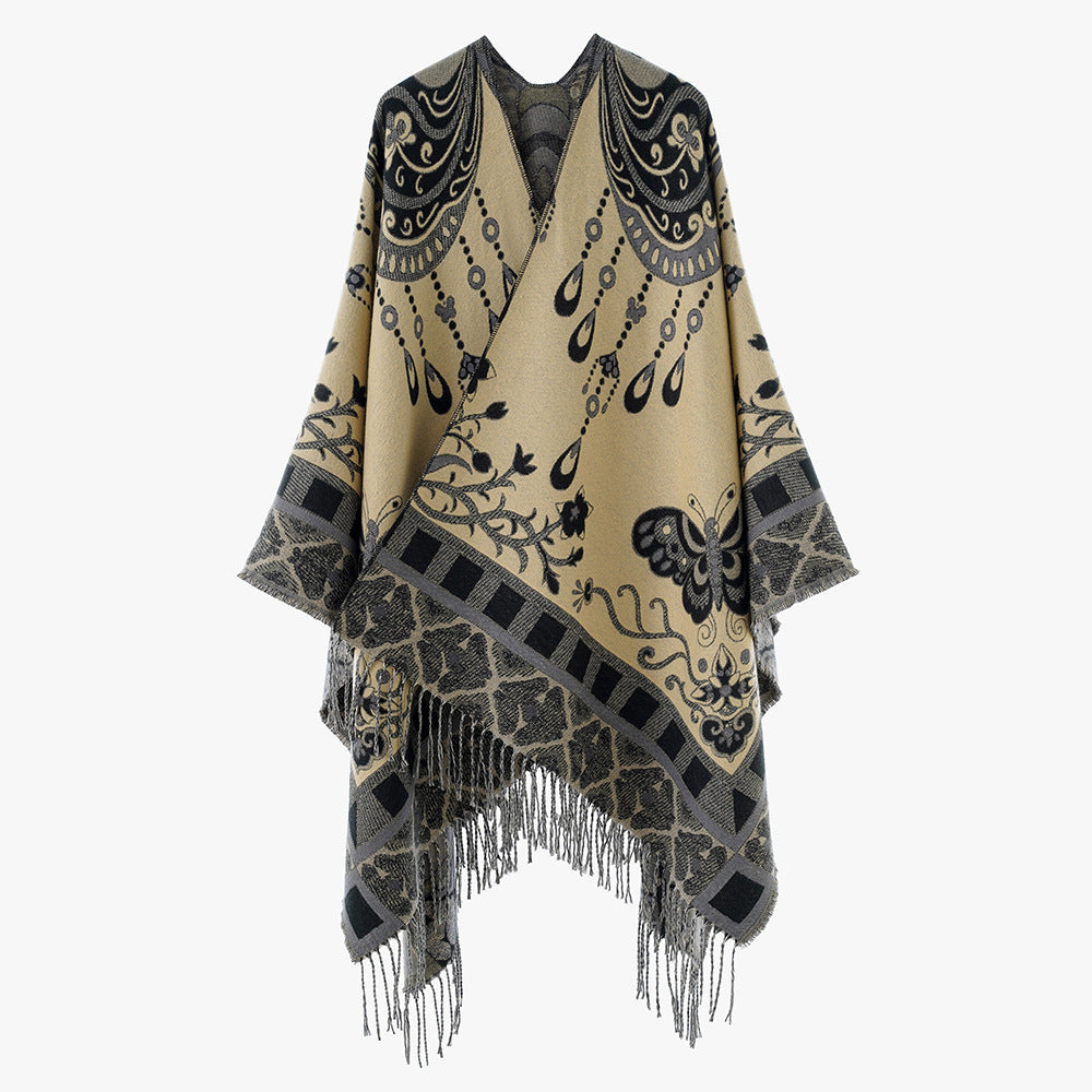 Damen Gewebter Kimono-Poncho mit Ornamentjacquard, V-Ausschnitt und Fransensaum EB