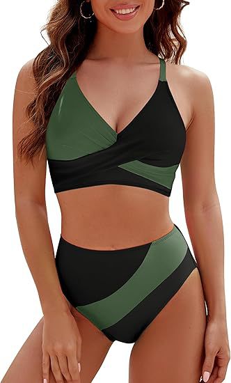 Damen Hoch tailliertes Bikini-Set mit modischem Wickeloberteil EB