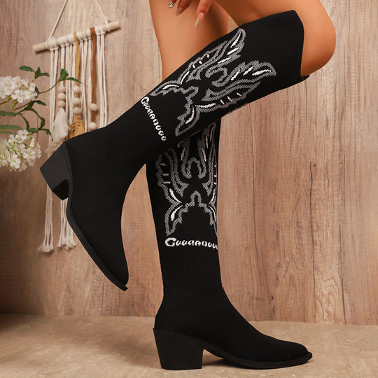 Damen Modische Stiefel mit hochwertigem Strickdesign und elegantem Blockabsatz EB
