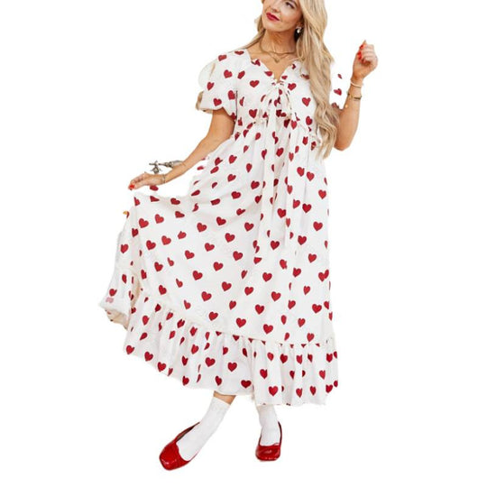 Damen Maxikleid mit verspieltem Herzmuster und Volantdetails EB