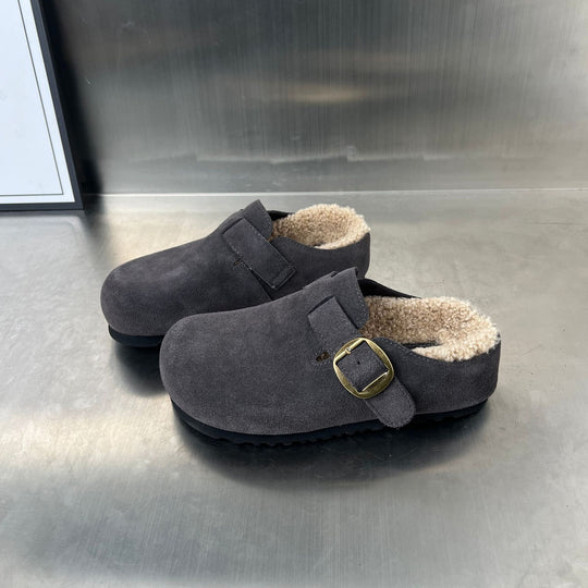 Damen Komfortable Suede Clogs mit weichem Innenfutter und dekorativer Schnalle EB