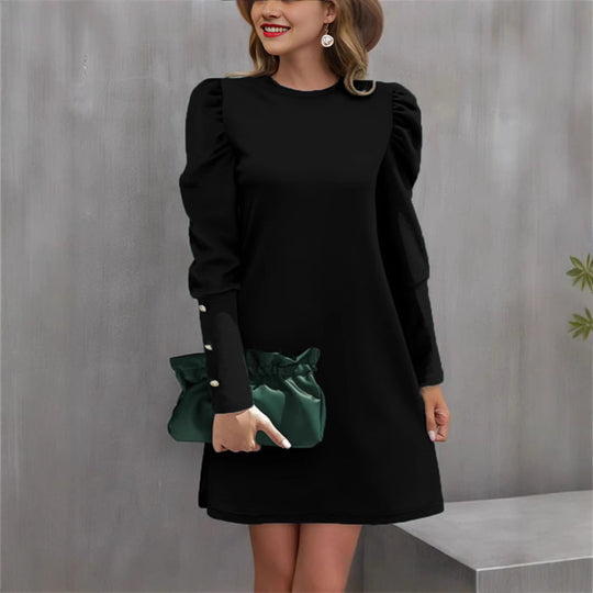 Damen Elegantes A-Linien-Minikleid mit betonten Puffärmeln und Perlenknopf-Ärmelmanschetten EB