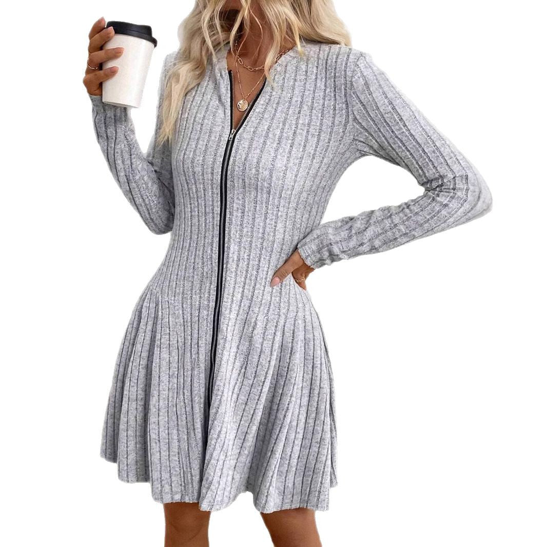 Damen Geripptes Strickkleid mit Frontreißverschluss und A-Linien-Silhouette EB