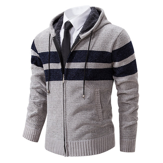 Herren nan gestrickte Kapuzenjacke mit Teddyfutter, verdecktem Reißverschluss und kontrastreifen EB