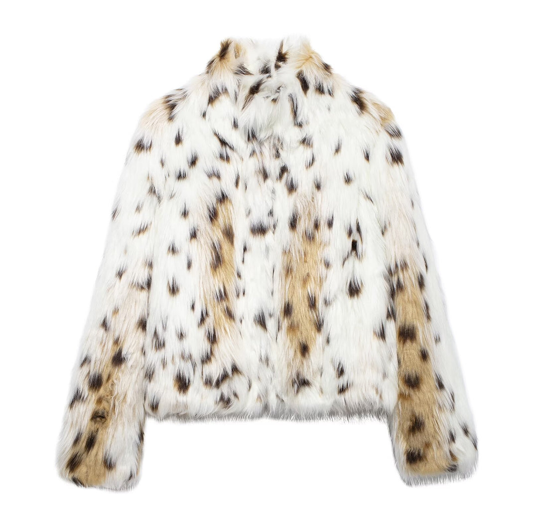 Damen luxuriöse Faux-Fur Jacke mit animalischem Print EB