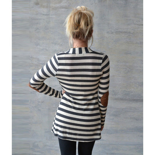 Damen Gestreifter Longcardigan mit offenem Waterfall-Schnitt und Ellbogen-Patches EB