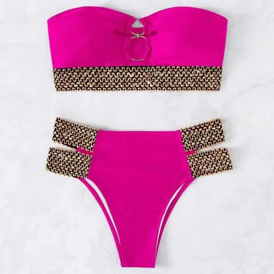Damen Bandeau-Bikini mit goldenen Akzenten und hohem Taillenschnitt EB