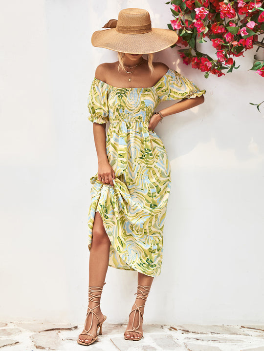 Damen Off-Shoulder Maxikleid mit floralen Akzenten und elastischer Taillierung EB