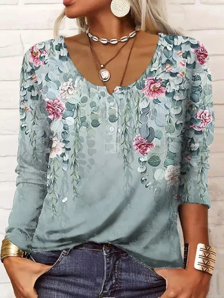 Damen Boho-Tunika mit floralen Hängeranken, V-Ausschnitt und dreiviertelärmeln EB