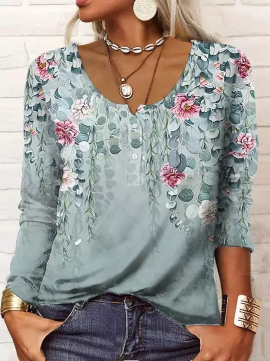 Damen Boho-Tunika mit floralen Hängeranken, V-Ausschnitt und dreiviertelärmeln EB