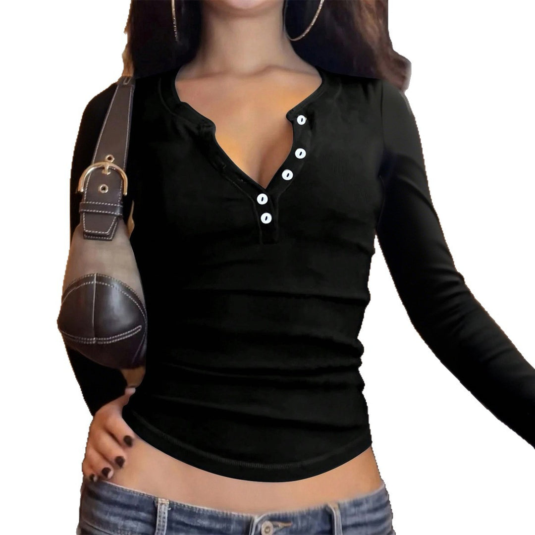 Damen nan tailliertes Henley-Longsleeve mit V-Knopfleiste, figurformendem Stretchjersey und schmaler Silhouette EB