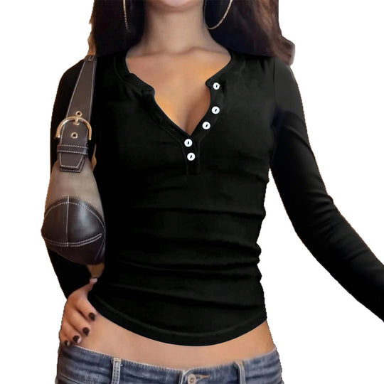 Damen nan tailliertes Henley-Longsleeve mit V-Knopfleiste, figurformendem Stretchjersey und schmaler Silhouette EB