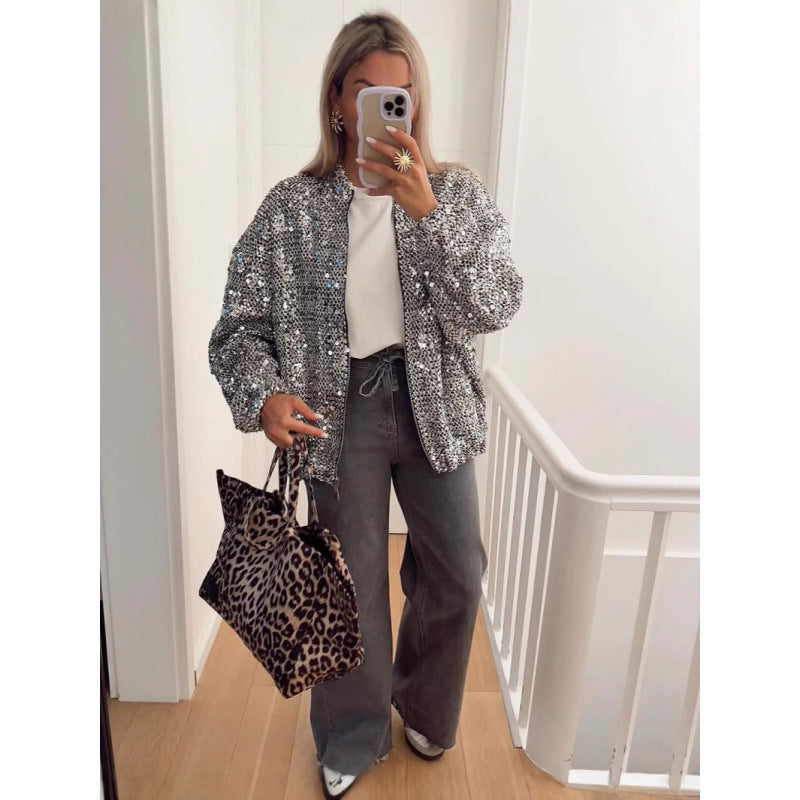 Damen Funkelnde Paillettenjacke mit lässigem Schnitt EB