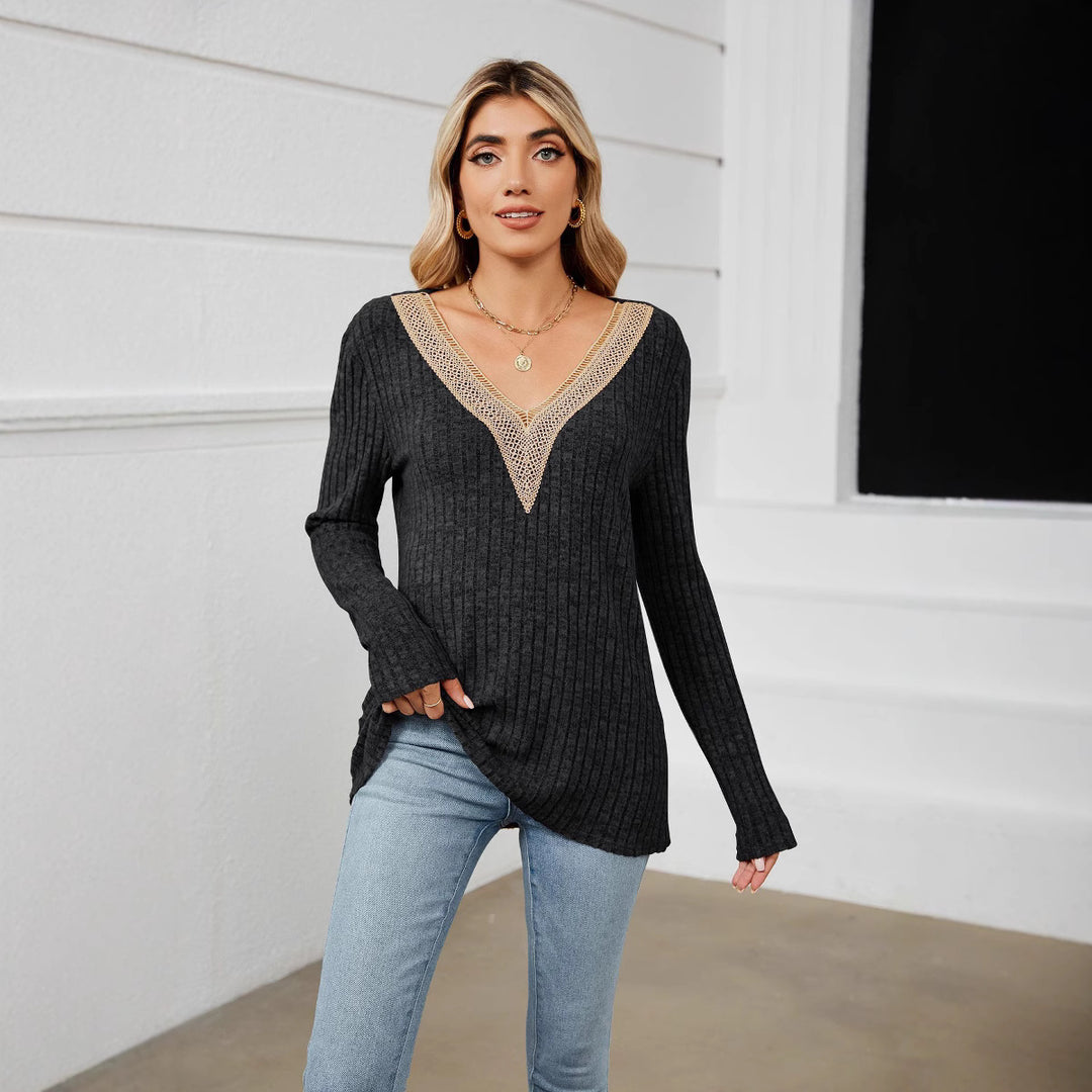Damen Strickpullover mit V-Ausschnitt und romantischer Spitze EB