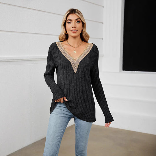 Damen Strickpullover mit V-Ausschnitt und romantischer Spitze EB