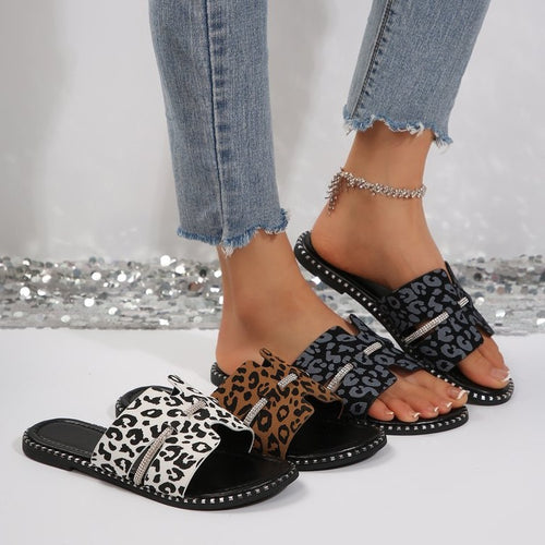 Damen bequeme Slides mit modischem Leopardenmuster und funkelnden Akzenten EB