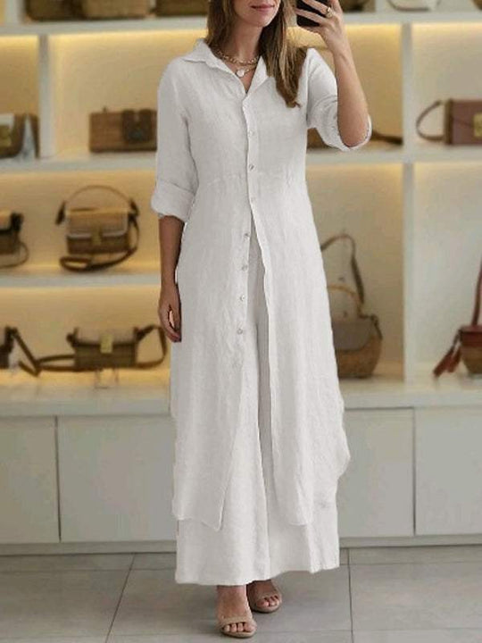 Damen nan langes Leinen-Hemdblusenkleid mit durchgehender Knopfleiste, Hemdkragen und dezentem A-Linien-Schnitt EB