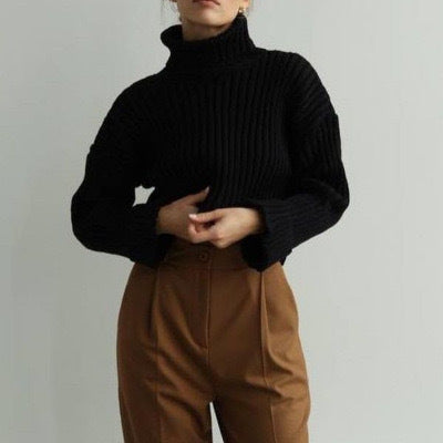 Damen Crop-Pullover mit hohem Kragen und asymmetrischem Schnitt EB