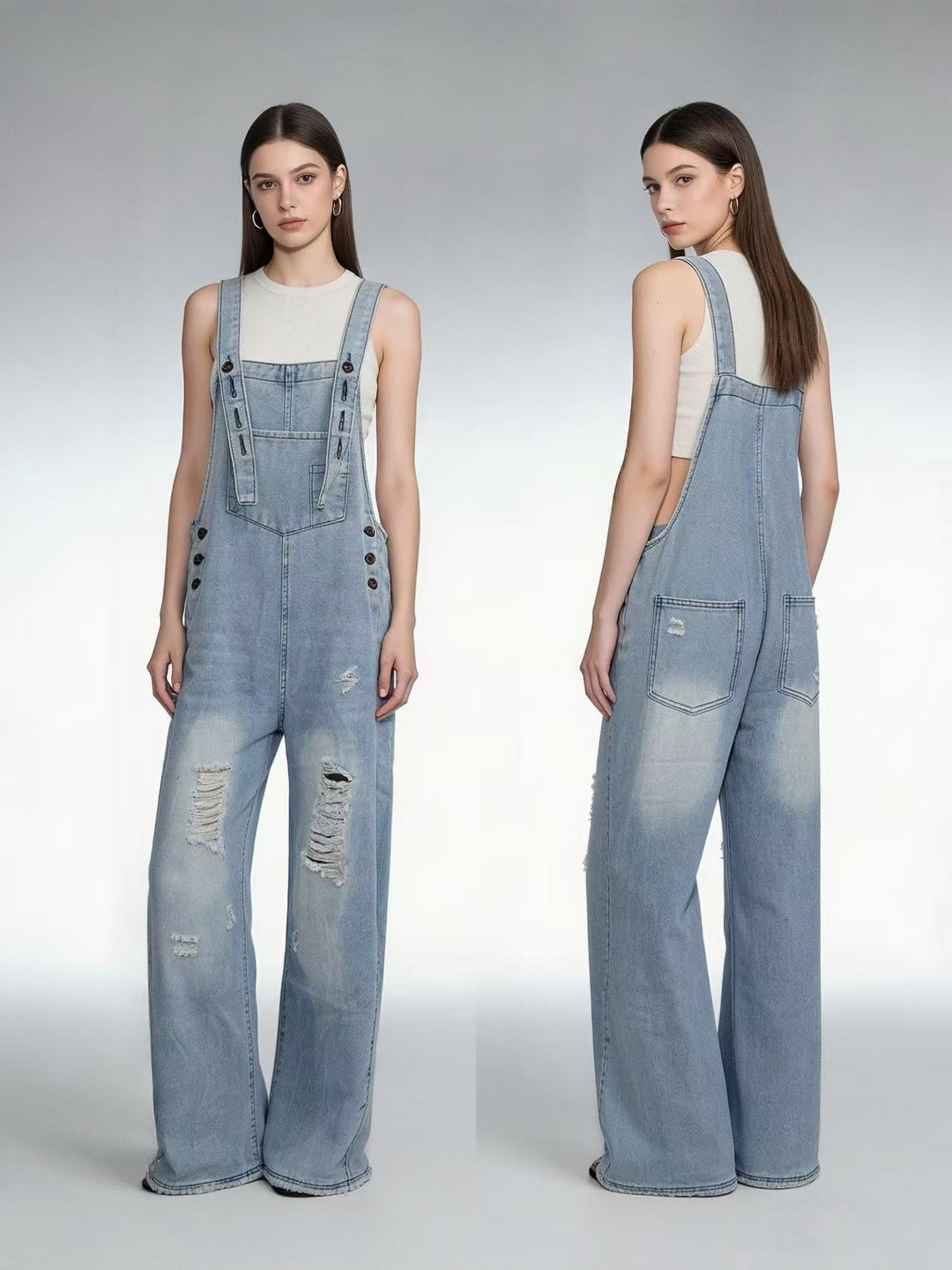 Damen nan moderne Baggy-Latzhose aus pigmentgefärbtem Stretch-Denim mit verstellbaren Trägern und sichtbaren Rissen EB