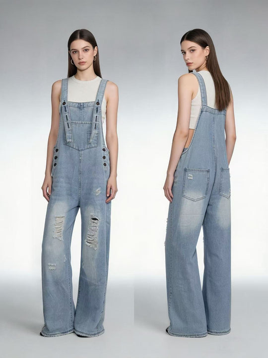 Damen nan moderne Baggy-Latzhose aus pigmentgefärbtem Stretch-Denim mit verstellbaren Trägern und sichtbaren Rissen EB