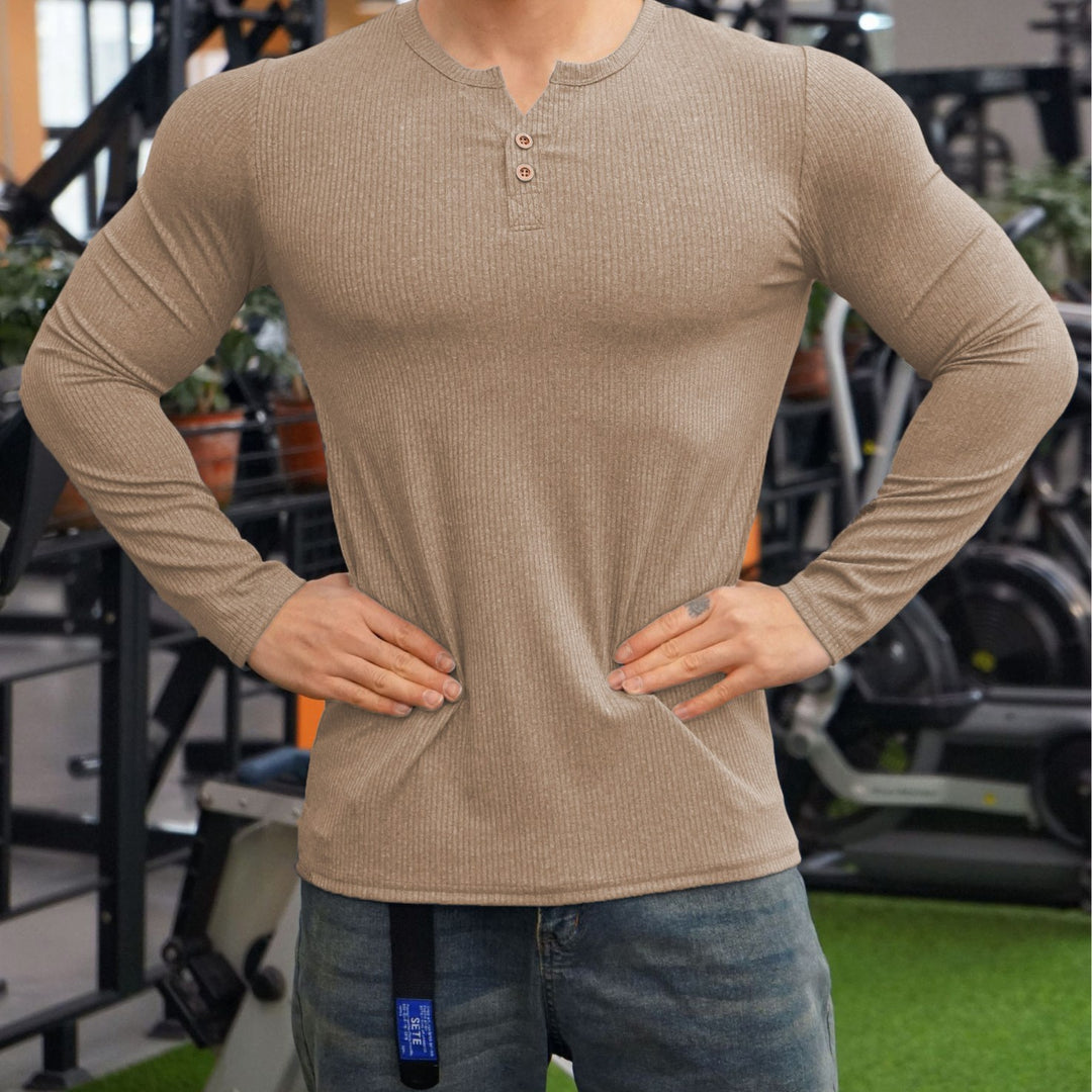 Herren Langarmshirt mit strukturiertem Design und Knopfleiste EB