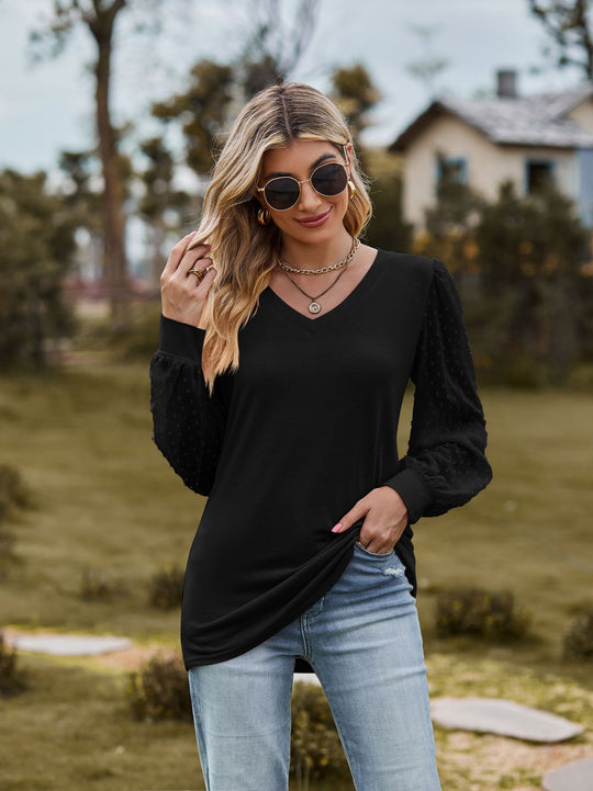 Damen elegantes V-Ausschnitt Oberteil mit Puffärmeln EB
