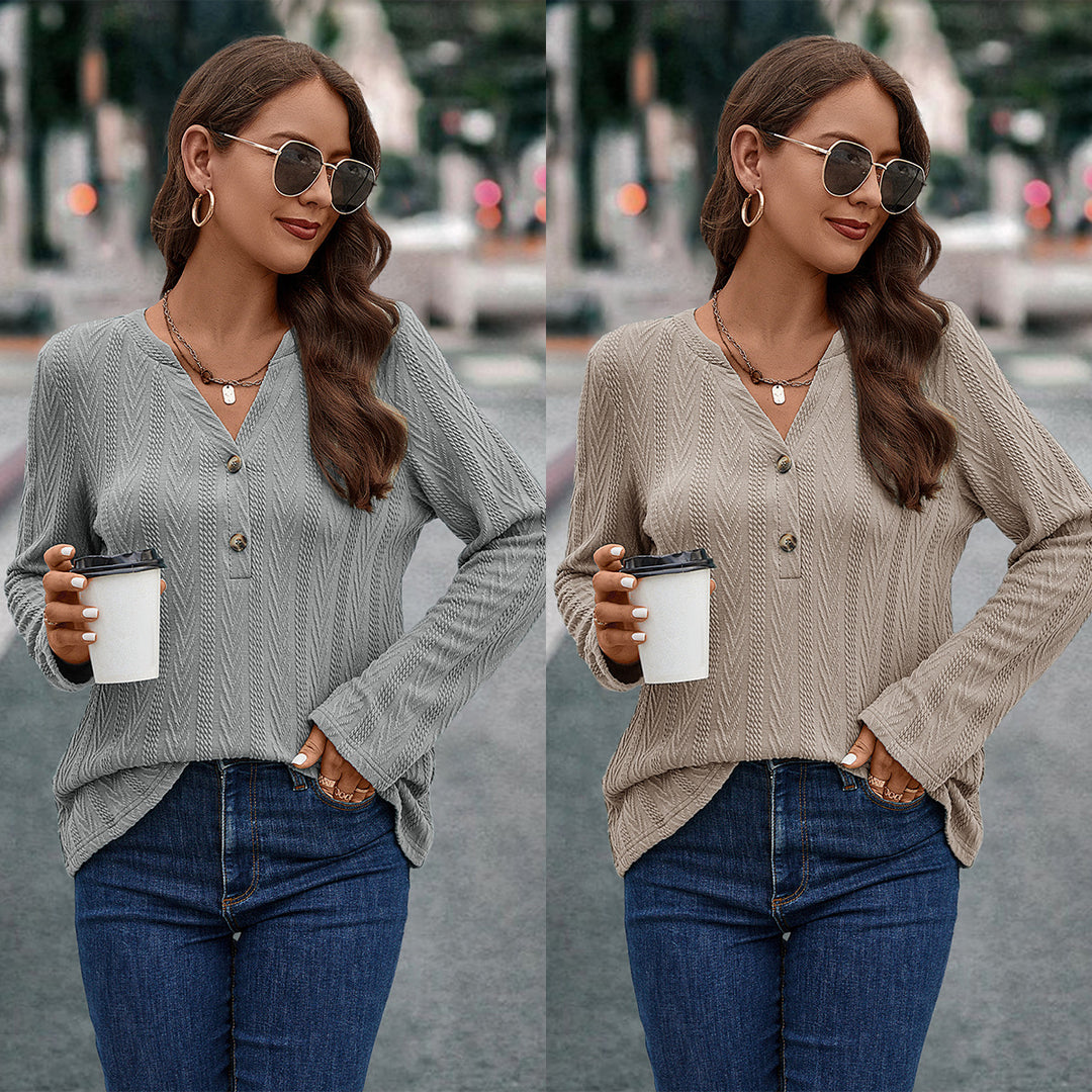 Damen Langarmbluse mit strukturiertem Muster und Knopfdetail EB
