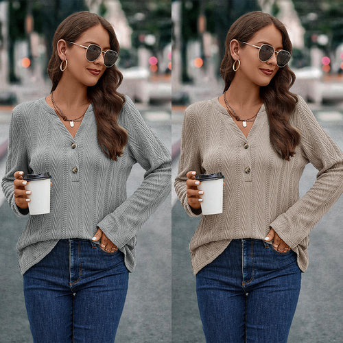 Damen Langarmbluse mit strukturiertem Muster und Knopfdetail EB