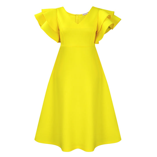 Damen Cocktailkleid A-Linie V-Ausschnitt Volantärmel