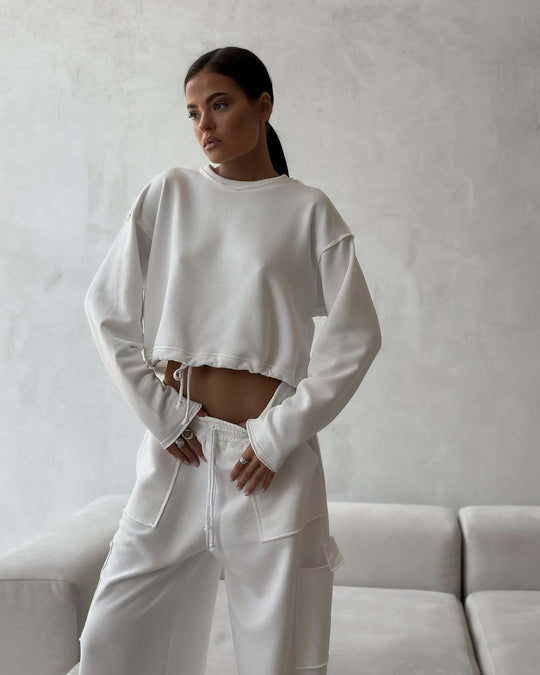 Damen kurzes Sweatshirt mit Kordelzug und Oversize-Ärmeln EB