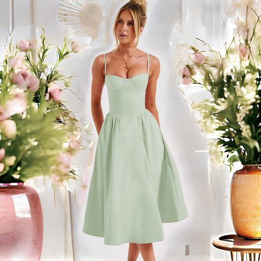 Damen Midikleid mit elegantem Bustier-Oberteil und fließendem Rock EB