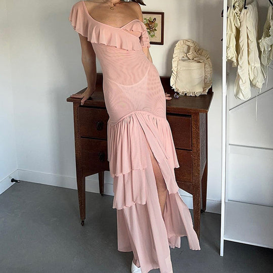 Damen Maxi-Kleid mit voluminösen Rüschendetails und figurformendem Schnitt EB
